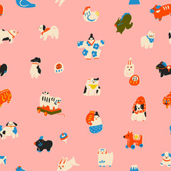 Japanese folk traditional vintage toys seamless pattern. Daruma, maneki neko, cats and dogs dolls.