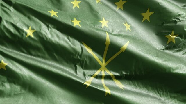 Adygea textile flag slow waving on the wind loop. Adyghe banner smoothly swaying on the breeze. Fabric textile tissue. Full filling background. 20 seconds loop.