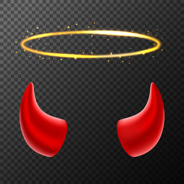 Realistic Detailed 3d Golden Angel Ring and Red Devil Horns Set on a Transparent Background. Vector illustration