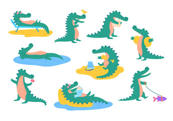 Cartoon Color Character Cute Crocodile Mascot Icon Set Flat Design Style . Vector illustration of Crocodiles Resting, Reading and Walking