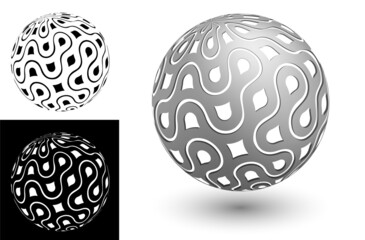 decorative sphere with leaves, lines and fractal ornament. Design element for banner decoration. Easy to edit color. Isolated black and white vector