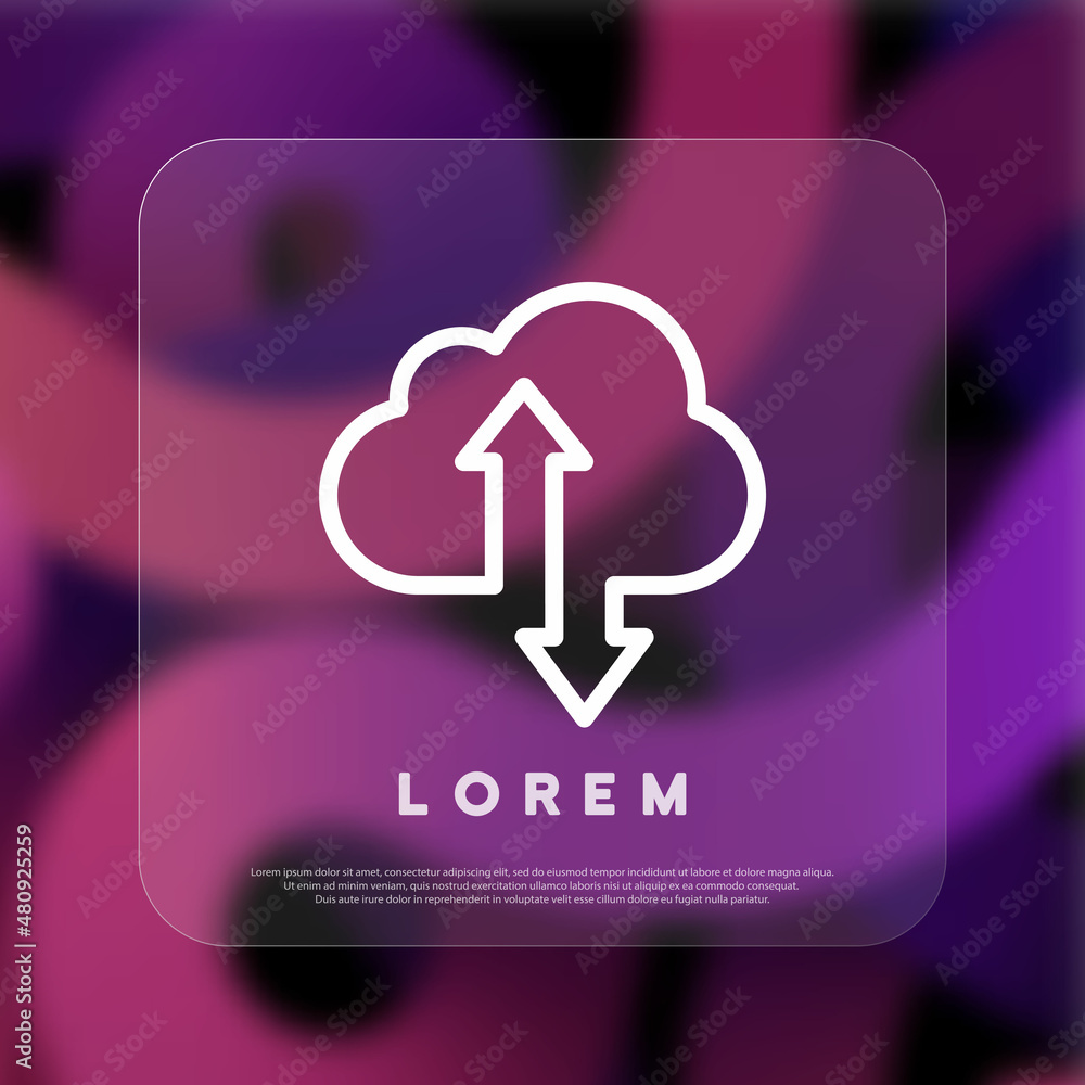 Poster cloud download and upload icon. digital cloud, music and video upload. media application. glassmorph