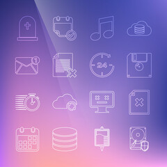 Set line Hard disk drive HDD protection, Delete file document, Floppy, Music note, tone, New, email incoming message, Tombstone with cross and Clock 24 hours icon. Vector