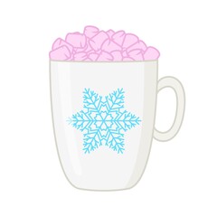 Cute mug with hot drink and marshmallows. A cup with a snowflake. Vector linear illustration isolated on white background