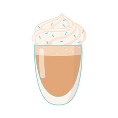 Glass cup with coffee and a cap of cream. Vector illustration isolated on white background