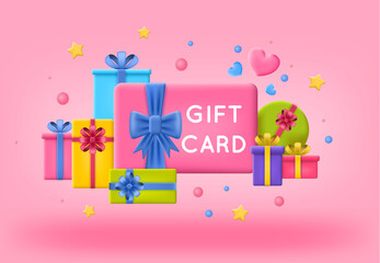 3d Gift Card with Bow Present Boxes for Promotion and Advertising Concept Plasticine Cartoon Style. Vector illustration