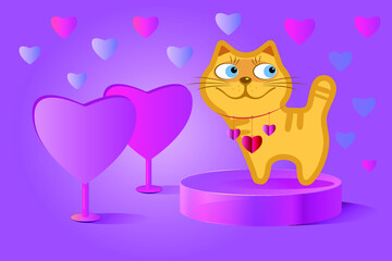 Valentine's day.  Stylized image of a cute cat. Vector image. Postcard, background.