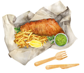 British fast food, fish and chips takeaway. Illustration watercolor - obrazy, fototapety, plakaty