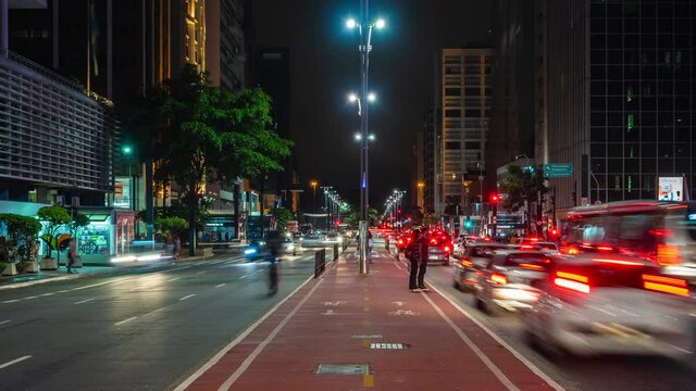 Time lapse view of night traffic on Paulista Avenue in Sao Paulo, the financial capital and largest city of Brazil, South America. 