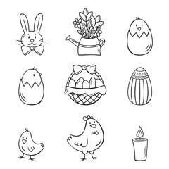 Hand drawn icons set of Easter elements in doodle sketch style. Vector illustration for icon, background, frame design.