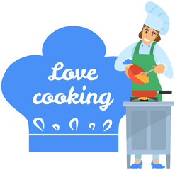 Kitchen emblem, food studio label. Chef conducts culinary class about cooking. Hand drawn lettering for premium cooking masterclass. Woman preparing dish, working with kitchen equipment, cooking time