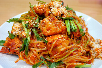 Korean steamed angler fish with plenty of bean sprouts and spicy seasoning