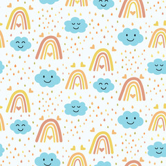 Vector seamless pattern with boho rainbow , smiling blue clouds and colorful raindrops. Great for nursery wall , kids cloths ,  fabric and baby shower 