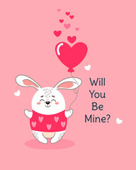 Valentine's Day greeting card with a cute rabbit. A hare with a heart-shaped balloon. Vector illustration in cartoon style