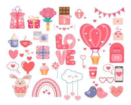 A large vector festive set of elements for Valentine's Day