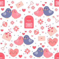 Vector seamless festive pattern with birds for Valentine's day. Delicate design with a pair of lovebirds, mail, hearts, envelopes and flowers. Suitable for packaging, fabric, textiles, etc.
