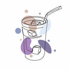 Continuous one simple single abstract line drawing of glass of tasty iced coffee icon in silhouette on a white background. Linear stylized.