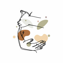 Continuous one simple single abstract line drawing of pregnant woman icon in silhouette on a white background. Linear stylized.