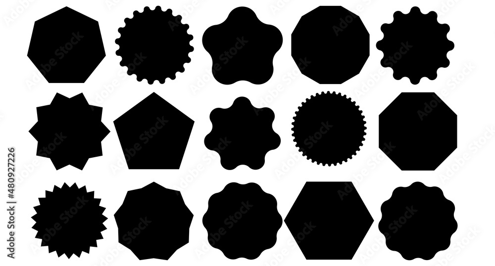 Poster template of stickers of various shapes for sale and business promotion. empty black label or price t
