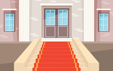 Red carpet and pedestal for rewarding ceremony. Decorated stairs for star guests of event. Red carpet velvet at entrance to building. Staircase for celebrity welcome ceremony vector illustration