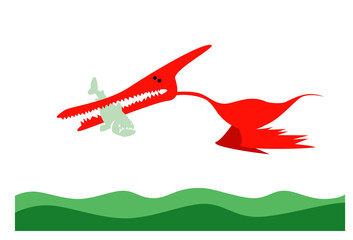 Prehistoric hunting. Flying dinosaur with its prey. Fishing. Vector image for prints, poster and illustrations.