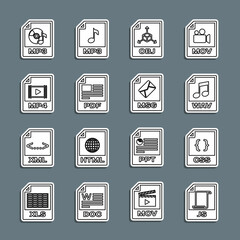 Set line JS file document, CSS, WAV, OBJ, PDF, MP4, MP3 and MSG icon. Vector