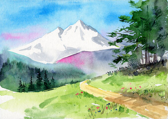 Watercolor landscape with green hills and distant snow-capped mountains, and a small green pine grove on the right side