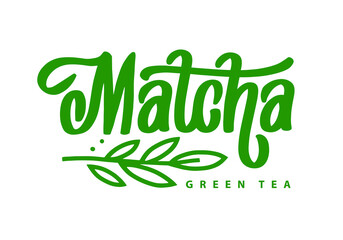 Matcha logo design. Lettering decorated of branch green leaves. Hand-drawn vector calligraphy for tea product. Japanese beverage. Green tea drink.