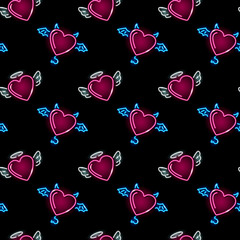 Neon Valentine's Day seamless pattern with angels and demons hearts icons on black background. Passion, love, romance concept. Vector 10 EPS illustration.