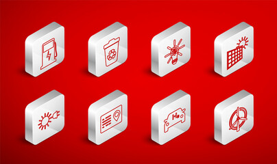 Set line Rotating wind turbine, Recycle with recycle, Light bulb gear, Solar energy panel and sun, Hydrogen car, Electric charging station, Address book and Sun electric plug icon. Vector