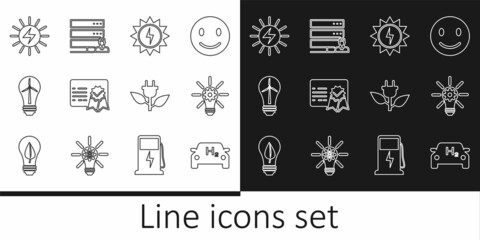 Set line Hydrogen car, Light bulb with gear, Solar energy panel, Certificate template, wind turbine, Electric saving plug leaf and Customer care server icon. Vector