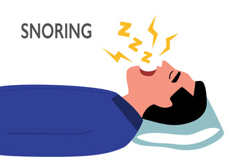 Man sleeping and snoring in flat design on white background. Snore problem concept vector illustration.