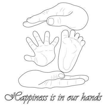 A woman's and a man's hand hold the baby's leg and hand. The concept of happiness is in our hands. For family design decoration, paintings, wallpapers. Editable vector illustration