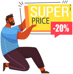 Fototapeta na wymiar Super price banner. Sale and discounts up to. Hot offer poster with man points to flyer. New arrival, big sale and special offer. Black friday. Special advertising poster purchases with great savings