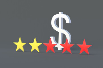 Bad investment attractiveness concept. Bank review. Credit rating. Popularity of the currency. Low achievement of service quality. Dollar symbol and five rating stars. 3d render