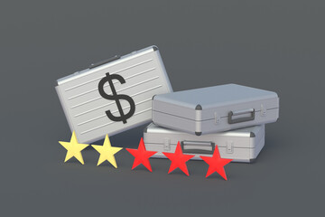 Bad investment attractiveness concept. Bank review. Credit rating. Popularity of the currency. Low achievement of service quality. Money suitcase and five rating stars. 3d render