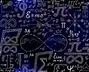 Fototapeta na wymiar Scientific vector seamless pattern with mathematical signs, calculations and formulas, handwritings on the deep space background