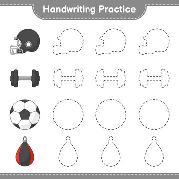 Handwriting Practice. Tracing Lines Of Soccer Ball, Football Helmet, Dumbbell, And Punching Bag. Educational Children Game, Printable Worksheet, Vector Illustration