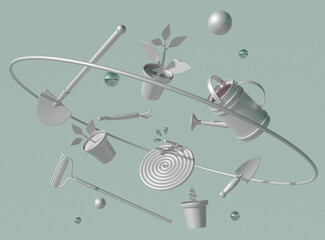 Metalic garden tools floating in the air © Ola