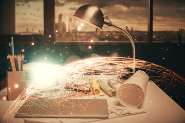 Double exposure of social network theme drawing and office interior background. Concept of web.