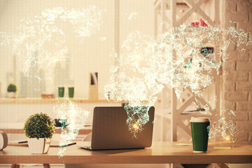 Double exposure of social network theme drawing and office interior background. Concept of web.