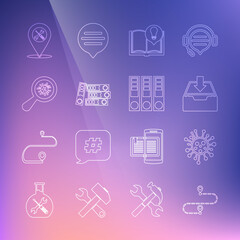 Set line Route location, Bacteria, Download inbox, Interesting facts, Office folders, Microorganisms under magnifier, Location service and icon. Vector