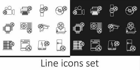 Set line Refrigerator service, Toaster, Wrist watch, Air conditioner, Processor, Video camera, Security and Printer icon. Vector