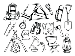 Set of equipment for tourism. Collection of  camp tools tent, bonfire, firewood, knife, chair etc. Campsite by nature. Design of summer recreation. Vector illustration on white background.