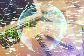 Double exposure of business theme drawing and desktop with coffee and items on table background. Concept of market trading