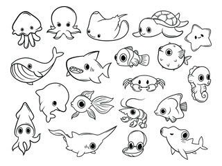 Set of baby sea animals. Collection of cartoon ocean creature jellyfish, small horse, octopus, fish, shark. Vector illustration isolated on white background. Design for printing.