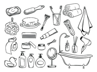 Set of bathroom accessories. Collection of hygiene accessories, bath and towel, soap and toothbrush. Vector illustration of cleaning products on white background. - obrazy, fototapety, plakaty