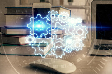 Double exposure of financial theme drawing and cell phone background. Concept of business