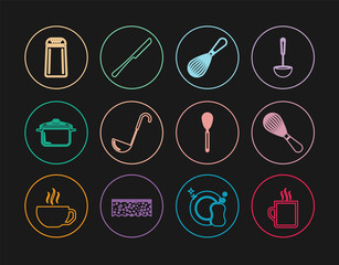 Set line Coffee cup, Kitchen whisk, ladle, Cooking pot, Salt and pepper, and Knife icon. Vector