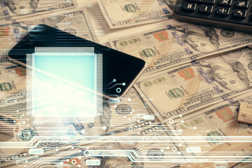 Double exposure of data theme drawing over us dollars bill background. Technology concept.